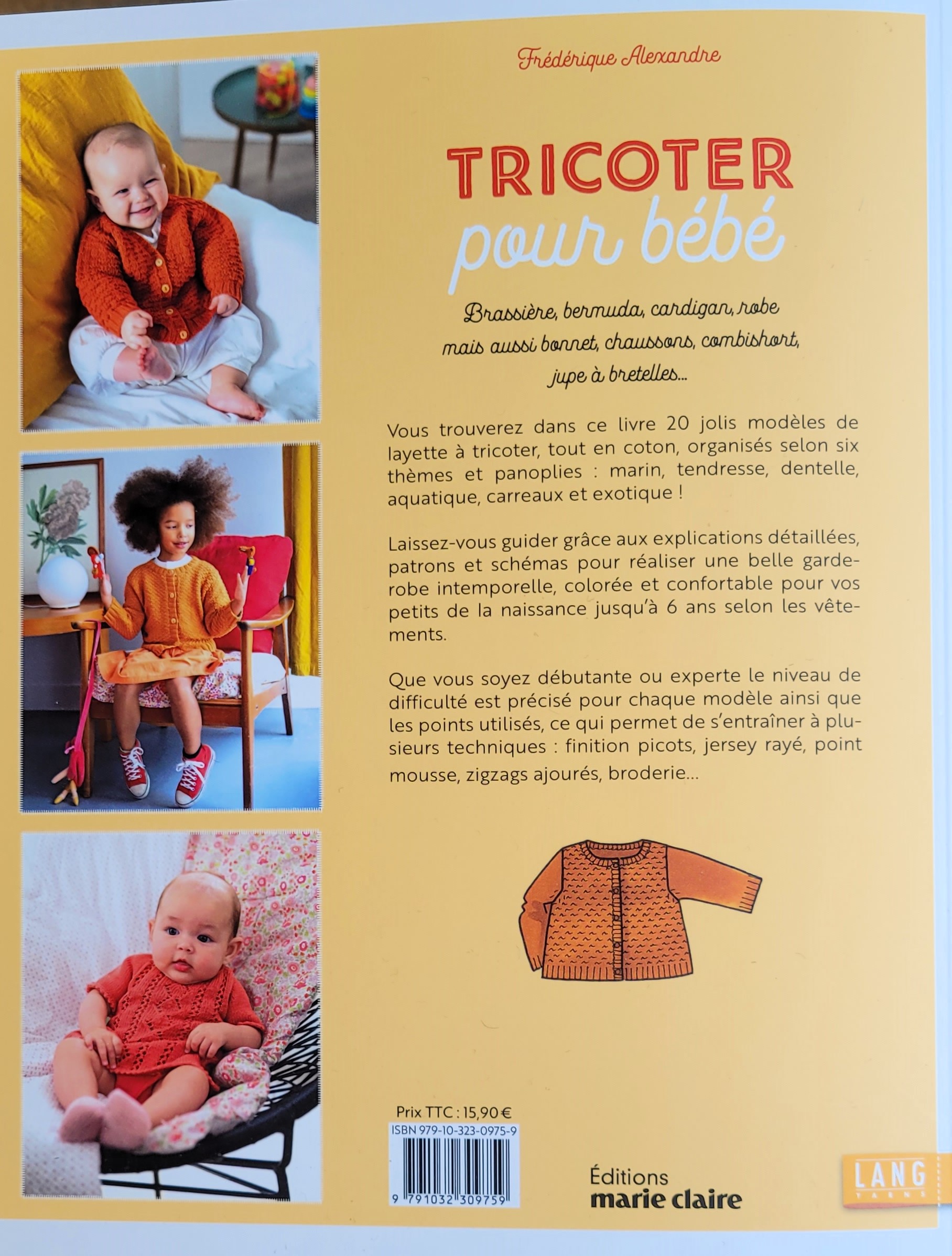 Dos de couverture livre tricoter pour bébé Frédérique Alexandre Editions Marie Claire cotons Lang Yarns